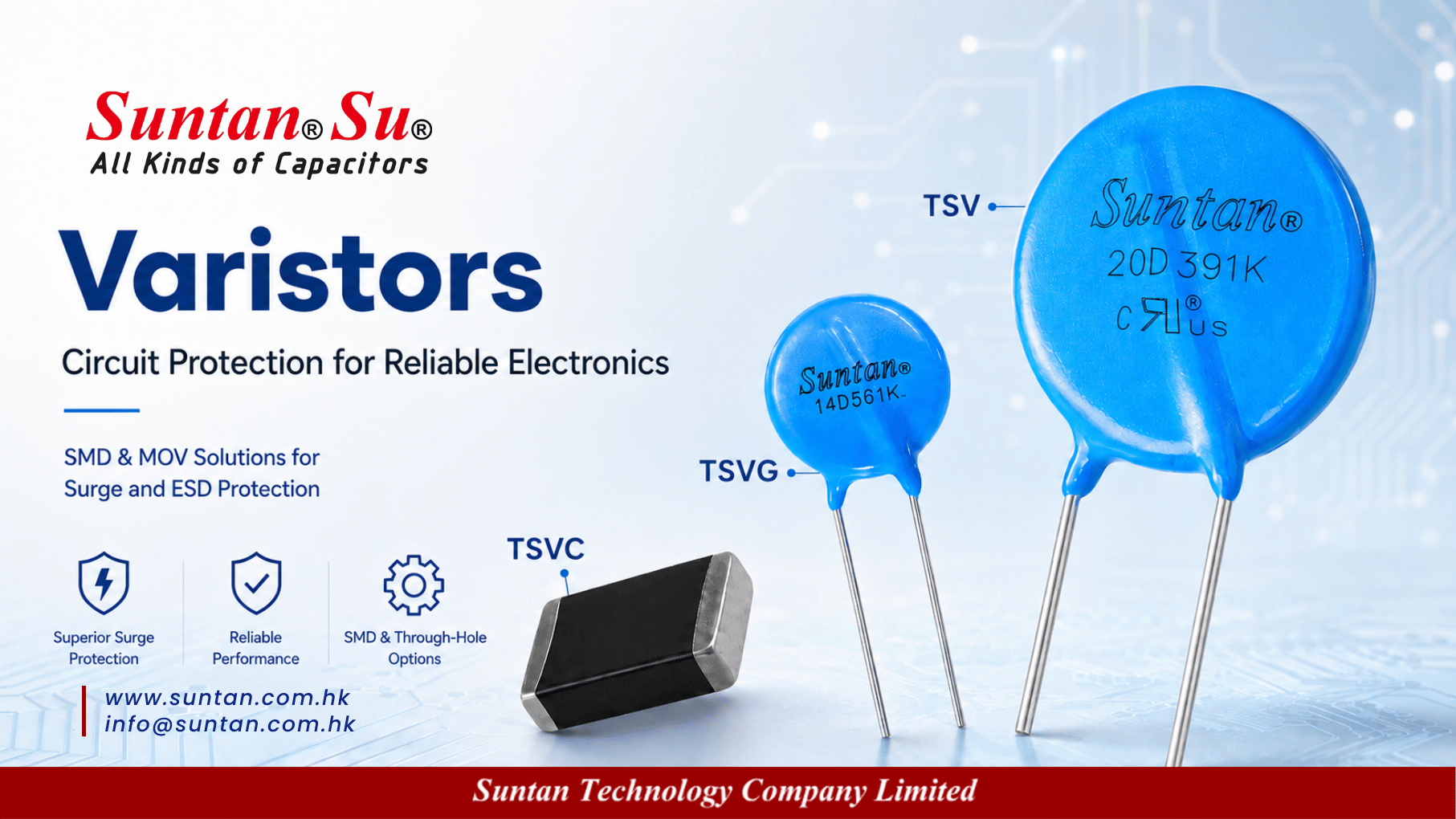 Linha de Varistores Suntan TSV TSVG TSVC para Eletr&ocirc;nica de Pot&ecirc;ncia Emergente